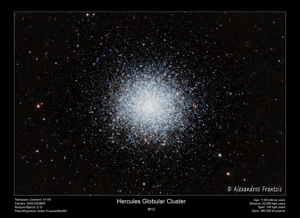 Περισσότερες πληροφορίες για το "2023_5_26, M 13 Globular cluster,  26x200 s, C14, 0.7x, Antlia Tri-band, ASI2600MC framed.jpg"